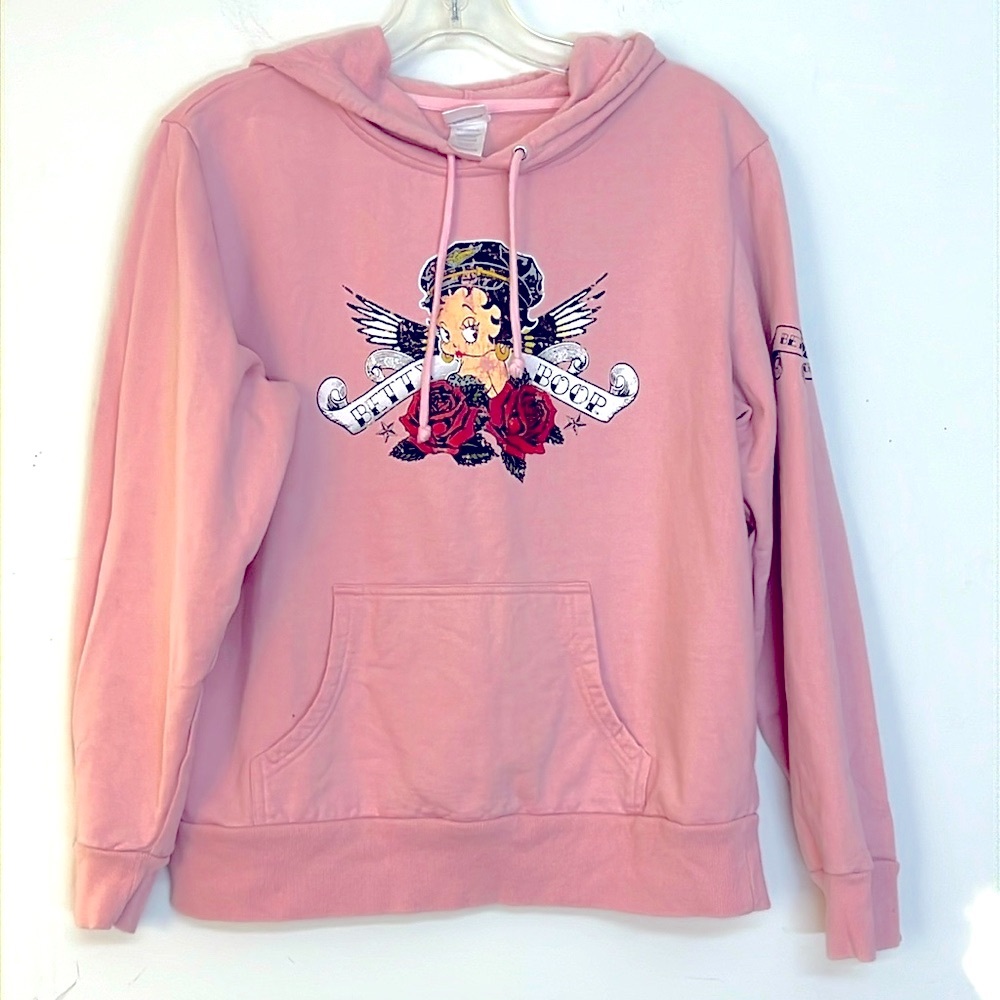 🌞 Betty Boop pink pullover drawstring hoodie sweatshirt kangaroo pocket women M